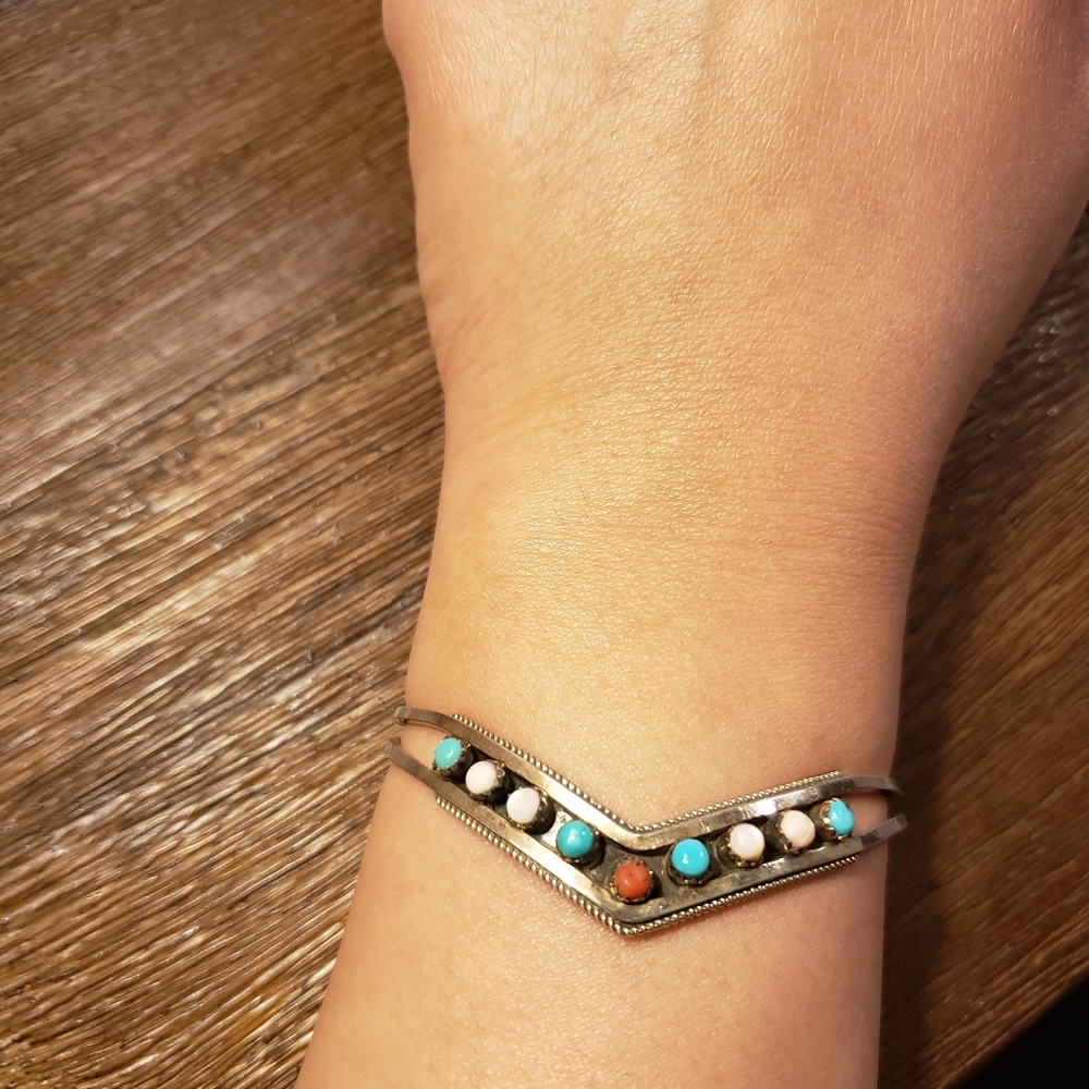 Vintage Sterling Silver Multi Stone Cuff Bracelet